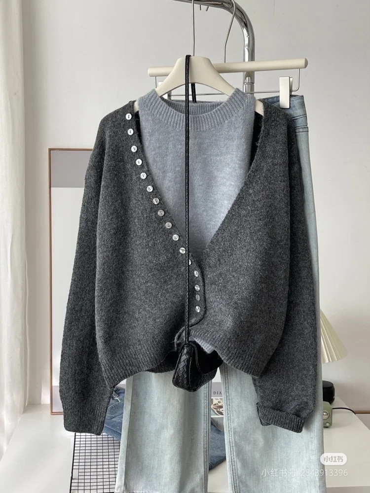 灰色两件套上衣女套头气质针织衫