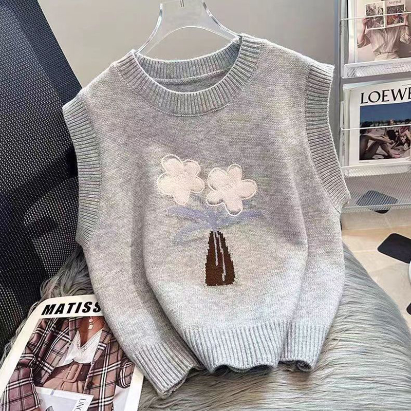 甜美风圆领花朵提花针织马甲