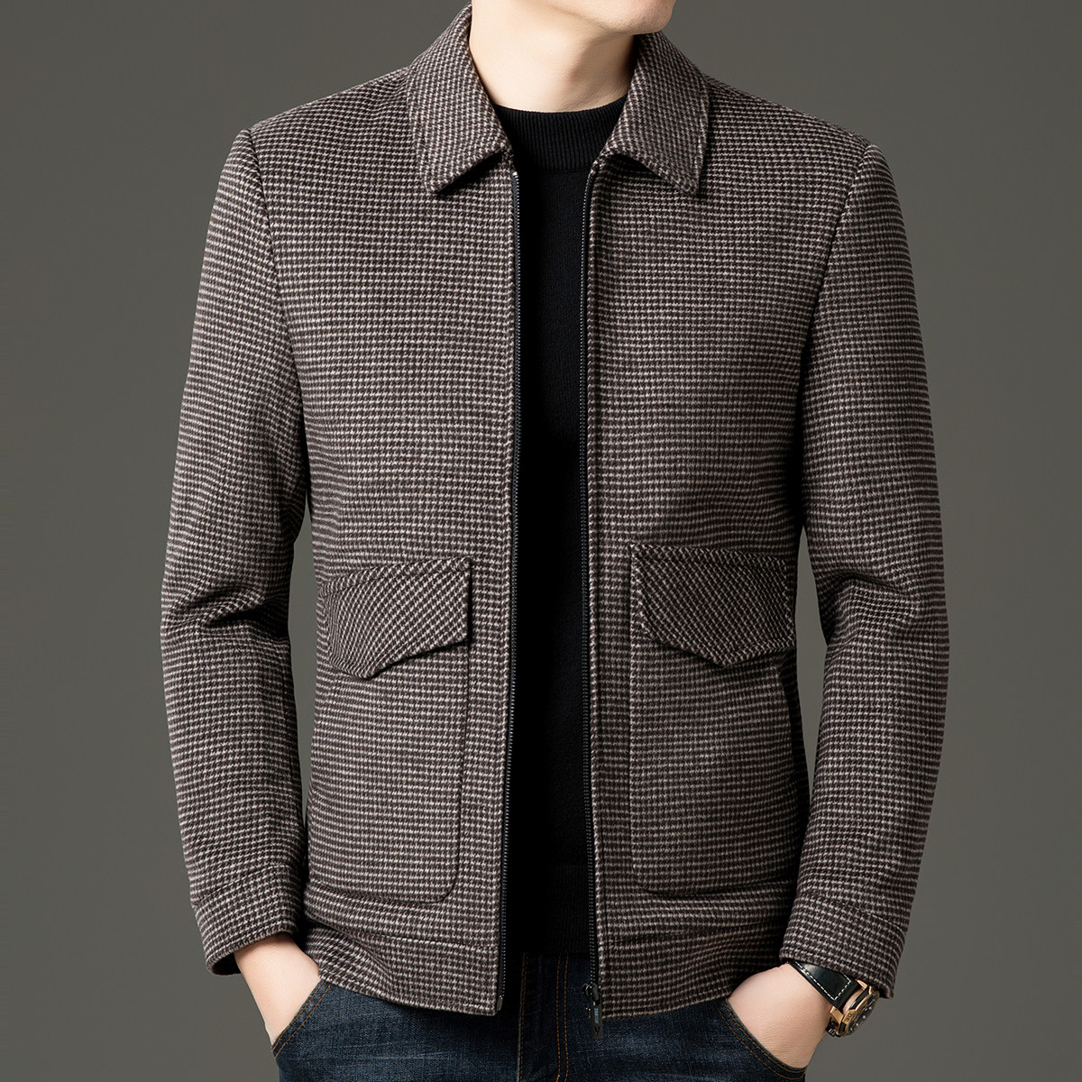 美洲邦羽绒羊毛呢子大衣男士商务中年翻领保暖加厚冬季夹克外套男