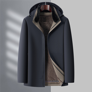 羽绒服男装高端夹克连帽可拆卸兔毛内胆派克服中老年爸爸装外套