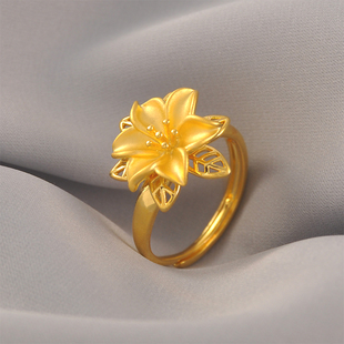 2025冬季新款百合花镀24K金色古法仿真黄金戒指女士ins高级感素圈