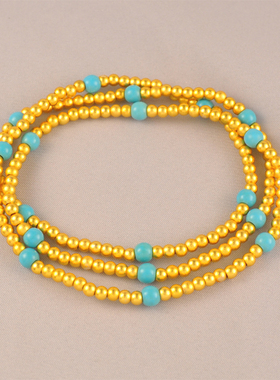 金店同款镀24K金色圆珠仿真绿松三圈手链转运珠叠戴手串女送女友