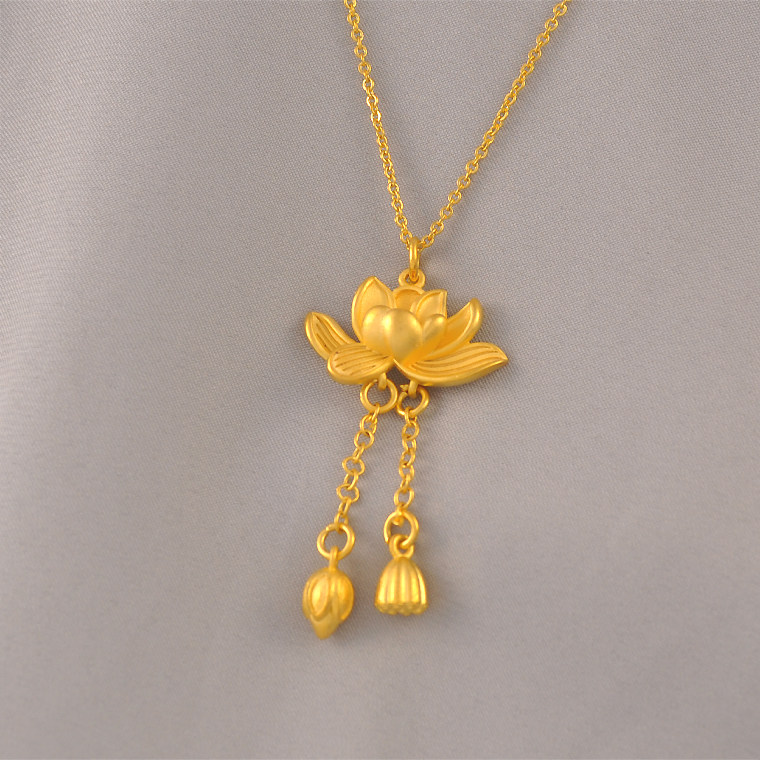 送妈妈老婆古法磨砂莲花镀24K黄金色项链女婚嫁好事莲莲荷花项链