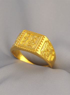 送男友镀24K金色福字戒指男开口老板仿真黄金方戒招财转运社会哥