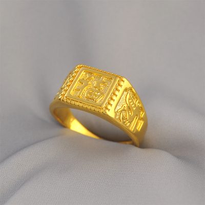 送男友镀24K金色福字戒指男开口老板仿真黄金方戒招财转运社会哥