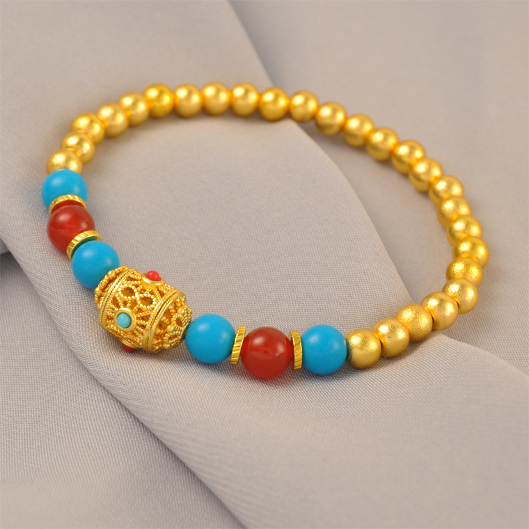 金店同款镀24K金色古法花丝老型红珠手链女转运珠沙金手串送女友