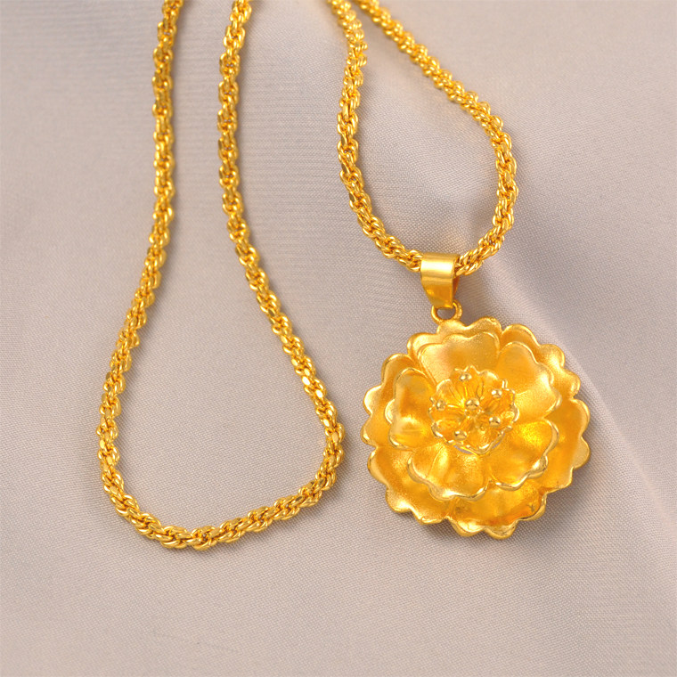 15克~精致镀24K金色花朵花瓣项链女森系个性包金牡丹花吊坠送妈妈