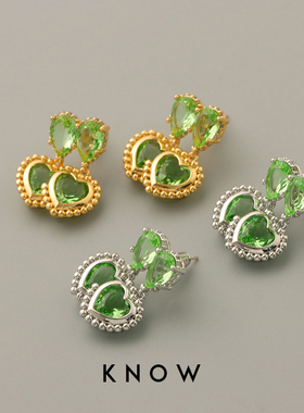 KNOW法式复古绿色琉璃锆石双爱心耳环高级感耳钉小众设计硅胶耳夹