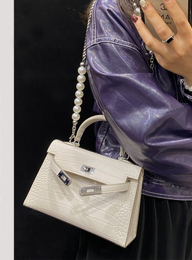 二代凯莉包女2025新款白色包包女士鳄鱼纹高级感手提斜挎包kelly