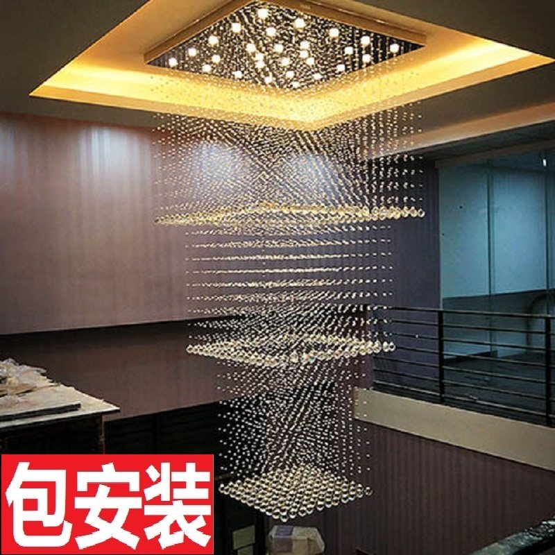 复式楼客厅长吊灯酒店大吊灯豪华别墅楼梯水晶灯中空正方形吊灯