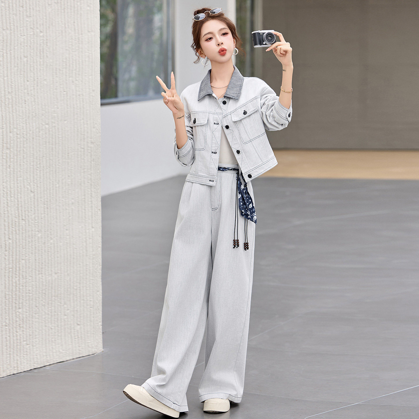 短外套牛仔套装女2026年春季新款高级感气质长袖上衣阔腿裤两件套