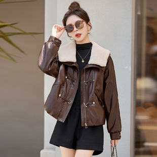 羊羔毛领皮衣女短款2025冬季新款小个子加厚加绒保暖PU皮夹克外套