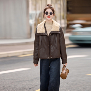 羊羔毛领夹棉皮衣外套女短款2025冬季新款小个子加厚保暖PU皮夹克