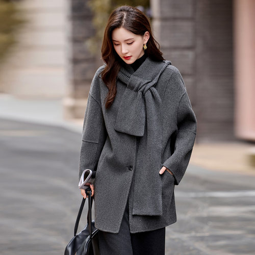 宽松可脱卸围巾连帽羊毛呢外套