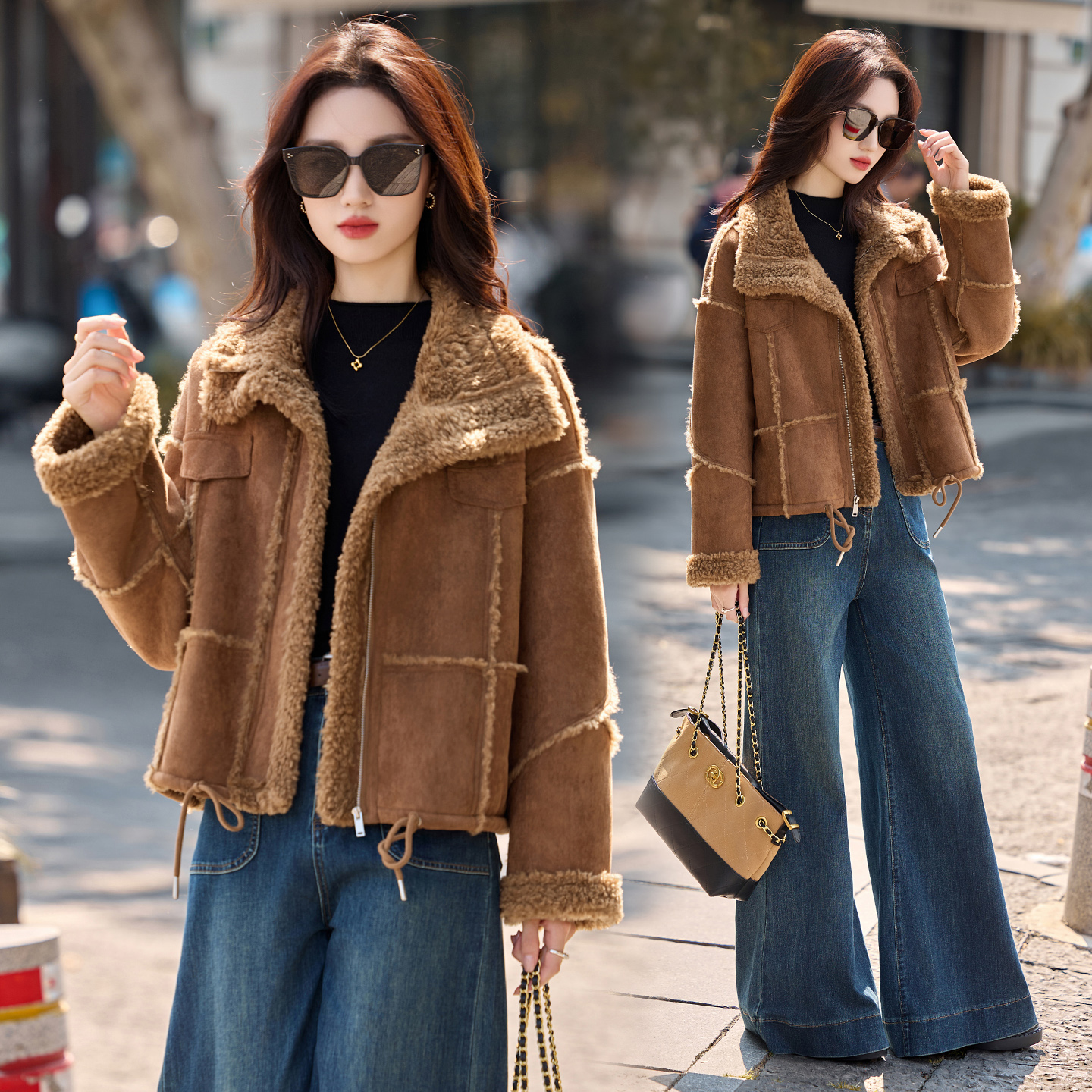 皮毛一体羊羔毛短外套女