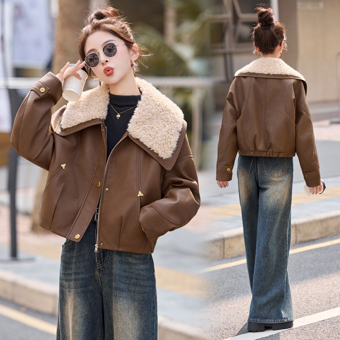 羊羔毛领PU皮棉服外套女短款2025年冬季新款宽松显瘦气质加厚棉服