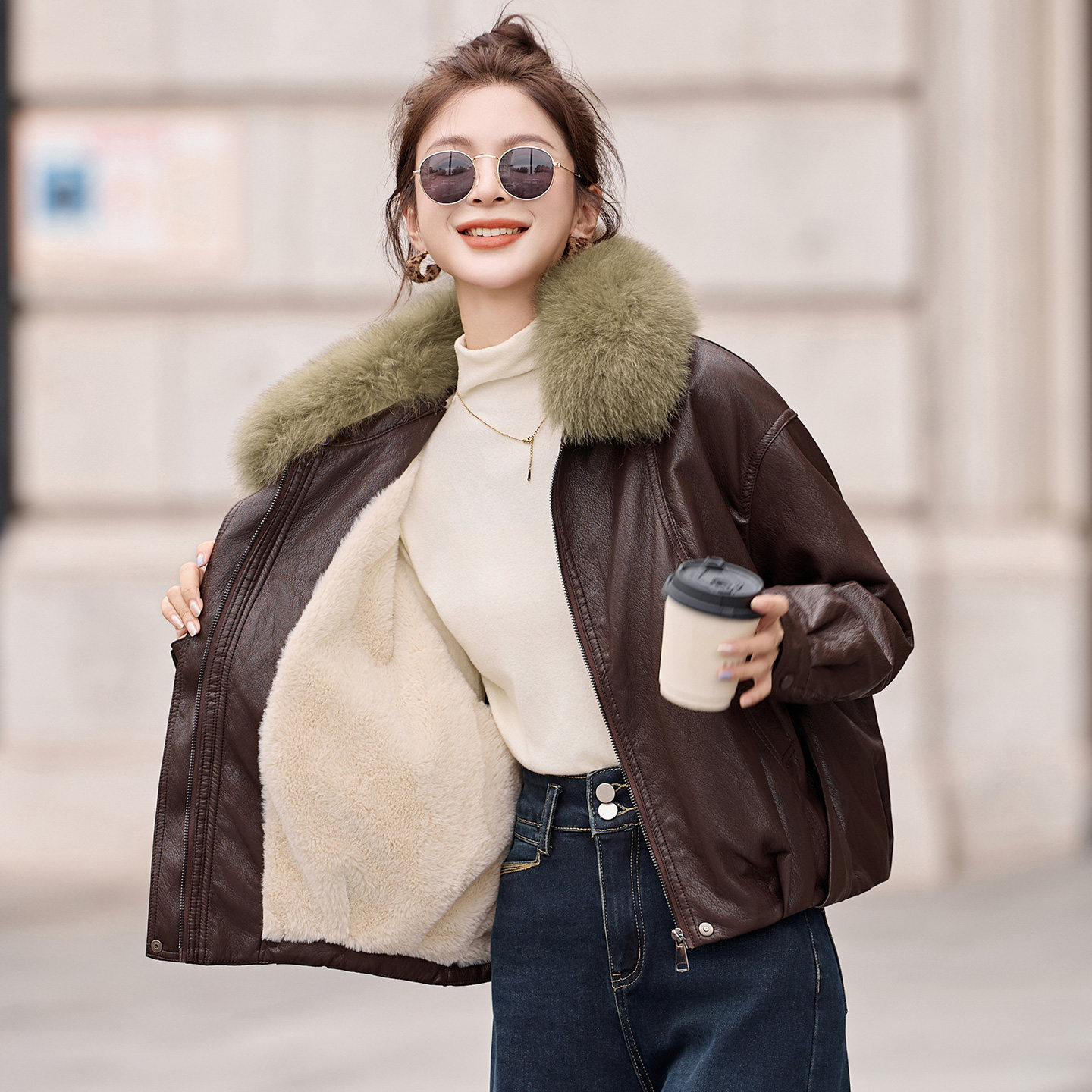 加绒加厚皮衣女短款2025冬季新款高级感气质大毛领PU皮夹克外套