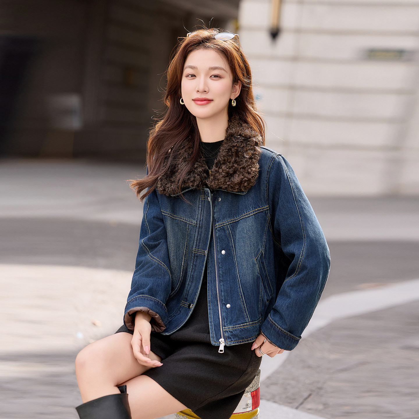 羊羔毛领牛仔羽绒服女短款2026年
