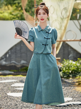 新中式国风显瘦牛仔套装女2025夏季新款气质盘扣短袖半身裙两件套