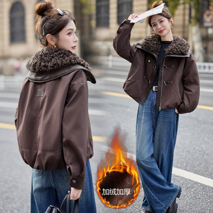 时尚羊羔毛领棉服女短款2025冬季新款加厚加绒小个子宽松棉衣外套