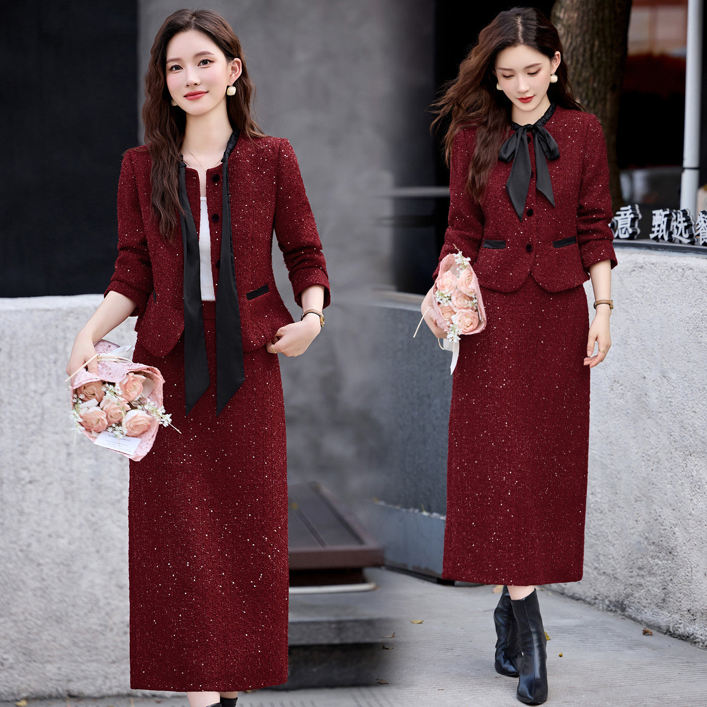 小香风毛呢套装女2025秋冬新款高级感蝴蝶结呢子外套半身裙两件套,女装/女士精品,时尚套装,淘宝优惠券,粉丝福利购,淘宝优惠卷