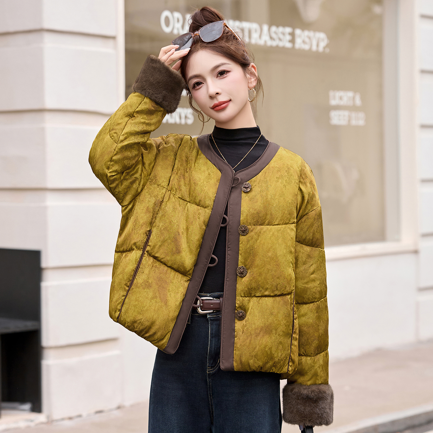 新中式国风提花羽绒服女短款