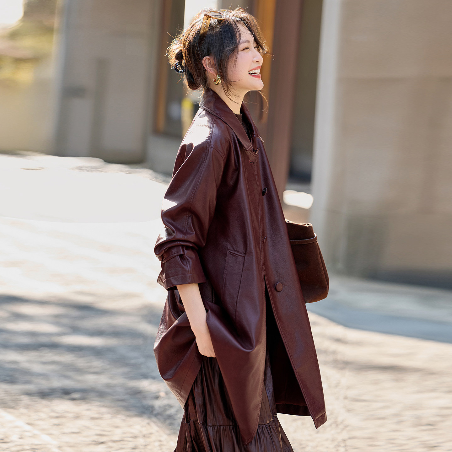 复古皮衣外套女中长款2026春秋