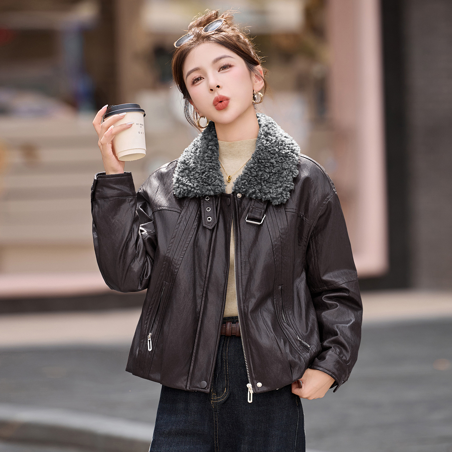 羊羔毛领皮衣女外套短款