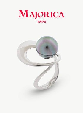 MAJORICA美娇丽佳灰色手作珍珠戒指女款简约指环12mm手作珍珠
