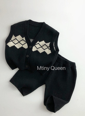 儿童套装男童女童春秋马夹小童宝宝黑色针织背心马甲裤子两件套潮