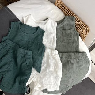 背心短裤 儿童棉纱套装 透气无袖 薄款 两件套婴儿宝宝潮 男童女童夏季