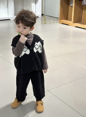 儿童黑色马甲男童女童宝宝提花春秋毛衣马夹坎肩新款洋气针织衫春