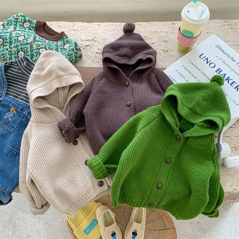 儿童毛衣男童女童秋冬韩版加厚洋气针织开衫宝宝冬季连帽毛线衣冬