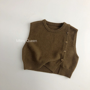 儿童无袖马甲男童女童偏襟设计韩版毛衣马夹洋气套头针织坎肩森系