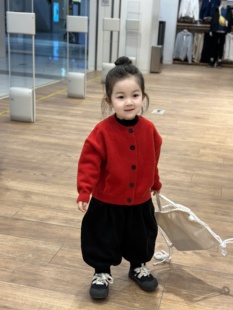 韩版 纯色春秋毛线衣 森系儿童毛衣婴儿男童女童小童宝宝单排扣开衫