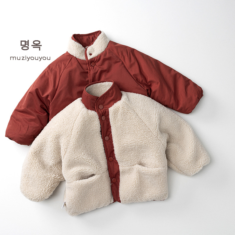 儿童个性两面穿棉衣外套冬季新款男童女童韩版加绒加厚保暖棉服潮