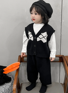 2025秋季新款男童女童黑色马甲森系小童宝宝针织马夹裤子两件套潮
