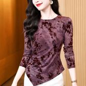 复古上衣内搭不规则t恤小衫 圆领植绒网纱长袖 新款 女春季 女 打底衫