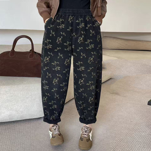 宽松显瘦老爹裤 女松紧腰大码 文艺复古印花加绒牛仔哈伦裤 秋冬新款