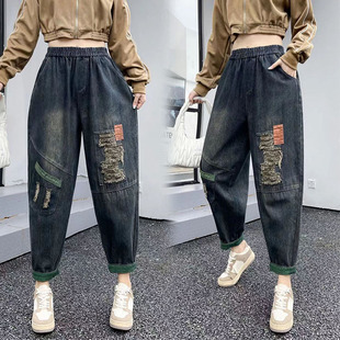 胖妹妹春季新款破洞牛仔哈伦裤女小个子大码宽松显瘦老爹九分裤子