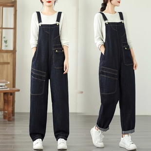 秋冬新款文艺休闲个性口袋牛仔背带裤大码宽松显瘦百搭哈伦连体裤