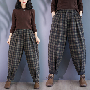 新款 老爹长裤 复古格子松紧腰牛仔哈伦裤 宽松显瘦萝卜裤 女大码 秋季