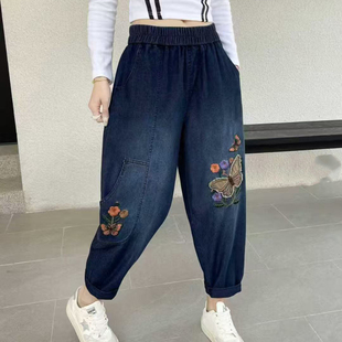 女松紧腰宽松显瘦九分老爹裤 文艺休闲刺绣贴布牛仔哈伦裤 薄款 夏季