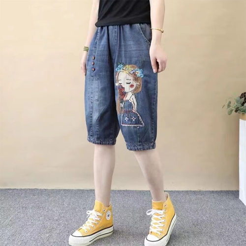 薄款五分牛仔裤女夏胖mm大码宽松显瘦刺绣哈伦裤小个子休闲六分裤 - 封面