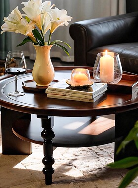 中古风茶几客厅家用法式复古圆形茶几边几实木阳台茶桌小户型矮桌