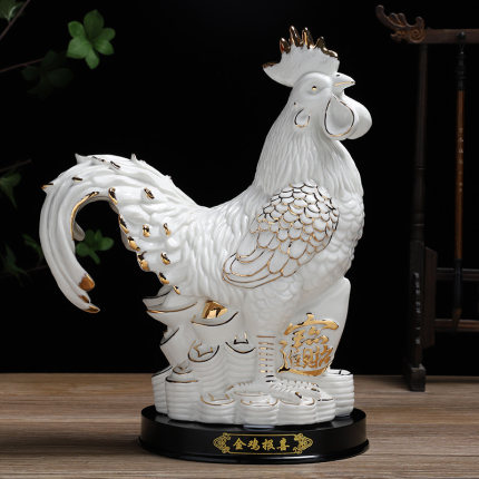 陶瓷白色公鸡招财风水镇宅红黄家居装饰客厅电视柜开业大公鸡摆件