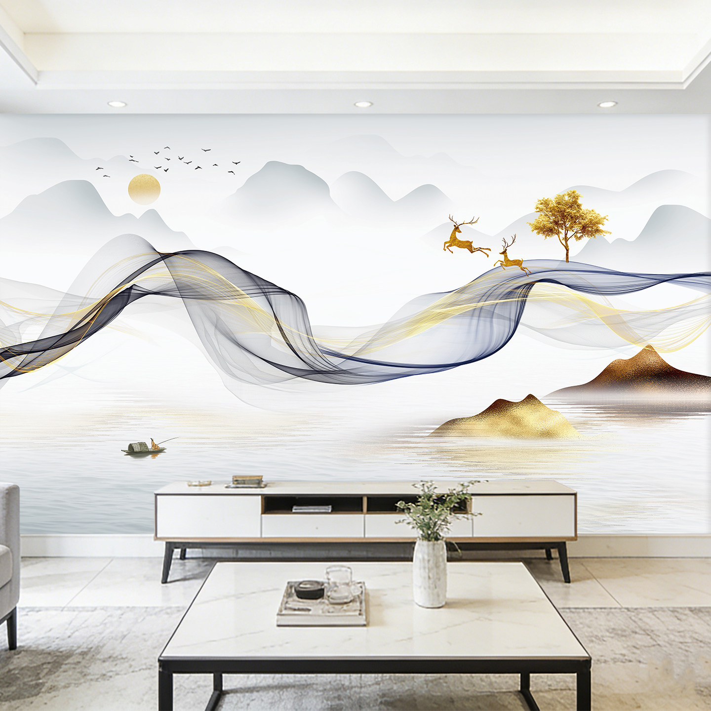 轻奢发财树客厅装饰画自粘招财鹿沙发背景墙山水风景画墙贴墙纸