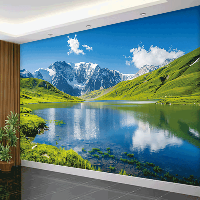 湖泊山水墙面装饰壁画蓝天白云高山绿水聚财背景墙海报自粘贴画