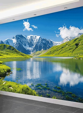 湖泊山水墙面装饰壁画蓝天白云高山绿水聚财背景墙海报自粘贴画