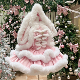 断码清仓【粉兔+安哥拉兔粉色斗篷】可爱甜美秋冬狗短氛围连衣裙